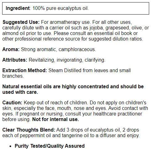 Close-up of Now Solutions Eucalyptus Essential Oil label
