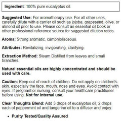 Close-up of Now Solutions Eucalyptus Essential Oil label