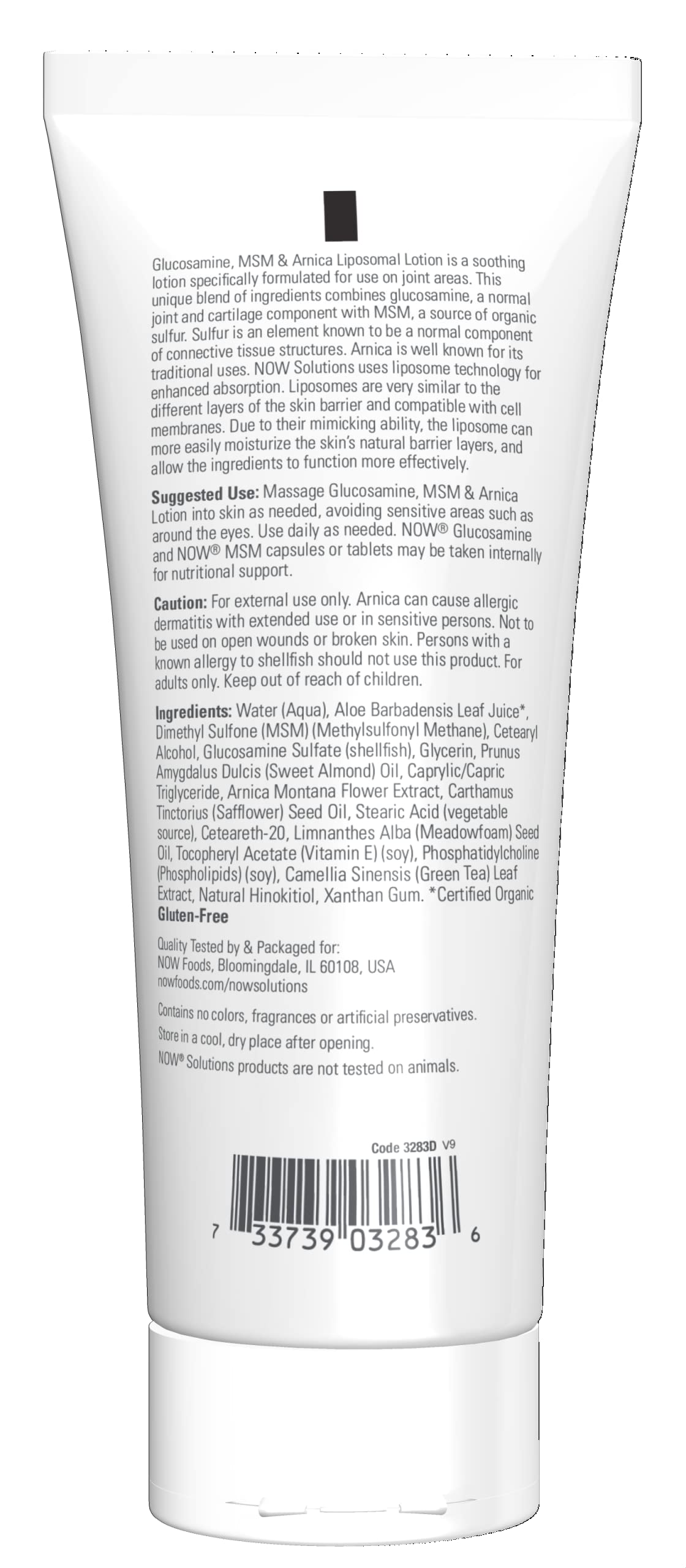 Side view of NOW Glucosamine, MSM & Arnica Liposomal Lotion 8 oz bottle