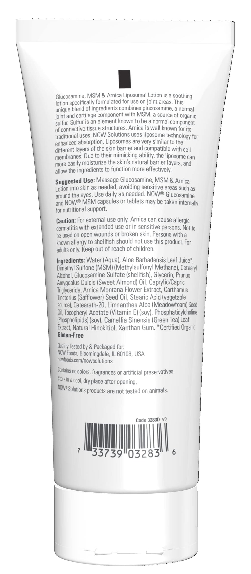 Side view of NOW Glucosamine, MSM & Arnica Liposomal Lotion 8 oz bottle