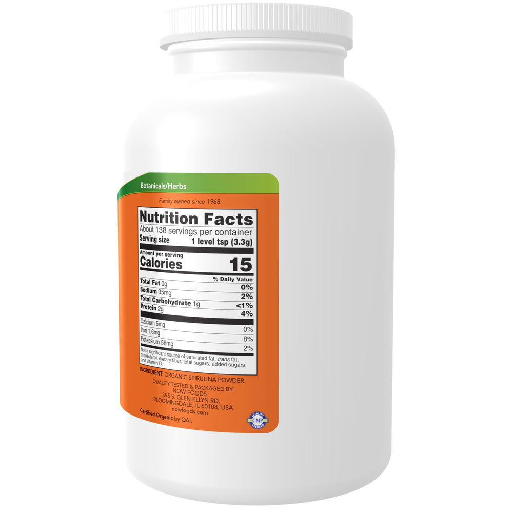 NOW Foods Spirulina Organic Powder 1 lb back nutrition panel