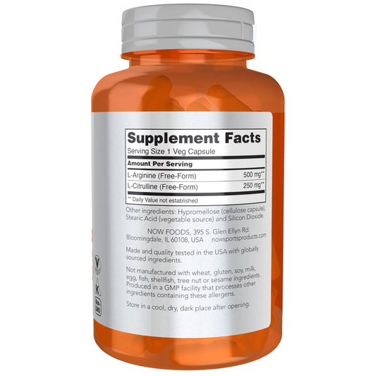 Supplement facts label for NOW Sports Arginine and Citrulline 500 mg / 250 mg
