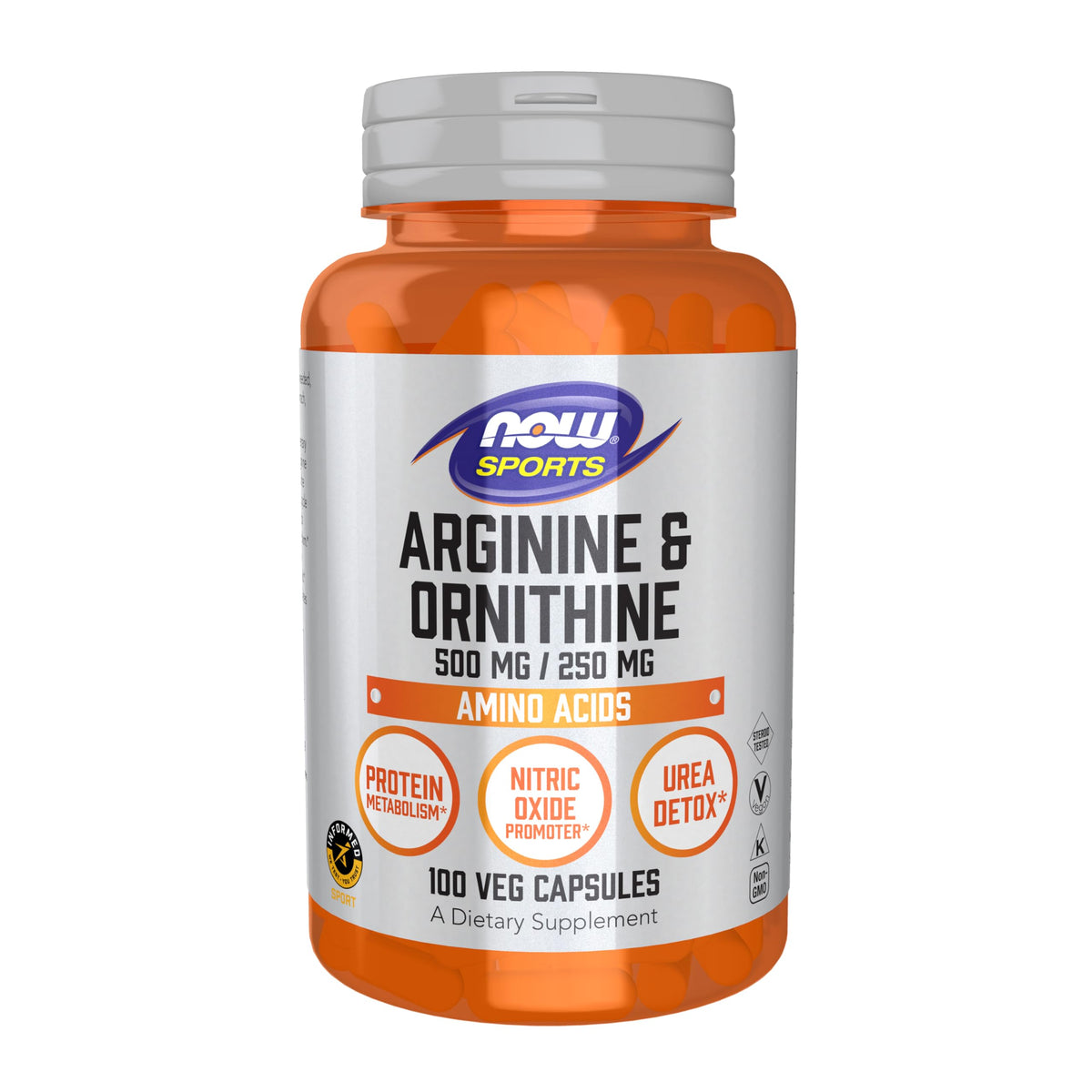 NOW Sports Nutrition Arginine & Ornithine bottle label close-up