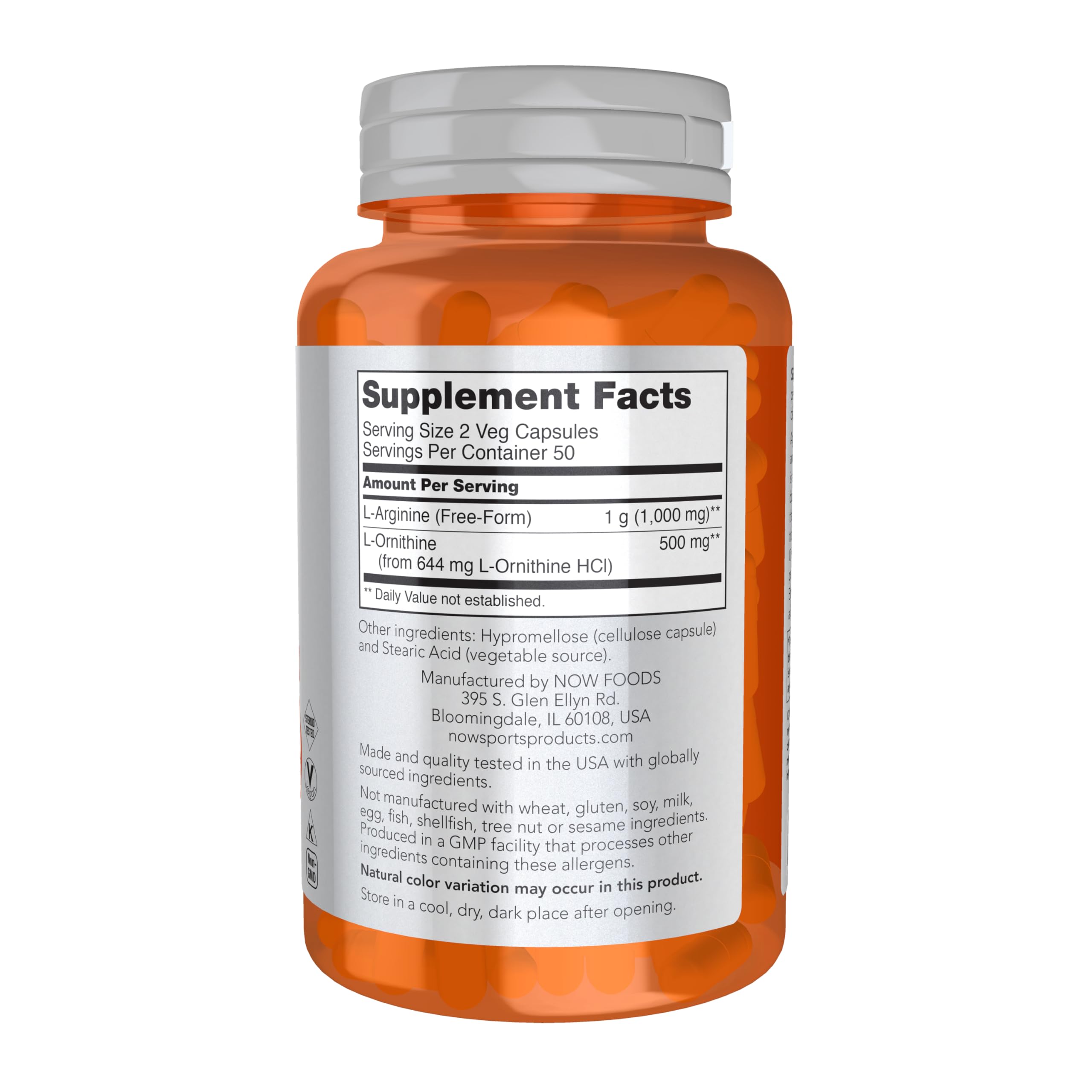 Six vegan capsules shown for NOW Arginine & Ornithine