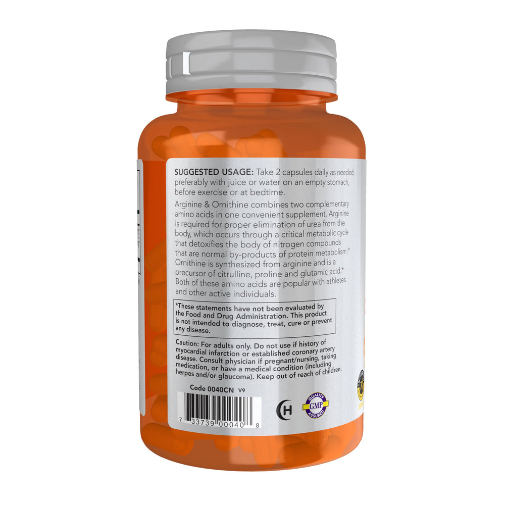 Nutrition facts panel on NOW Arginine & Ornithine bottle