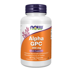 NOW Alpha GPC 300 mg bottle with bioavailable choline label