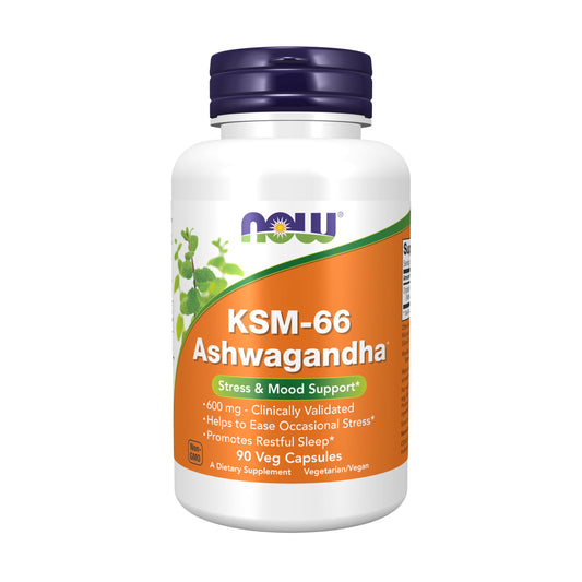 NOW Supplements KSM-66 Ashwagandha bottle and packaging for stress and sleep support