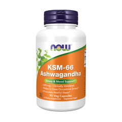 NOW Supplements KSM-66 Ashwagandha bottle and packaging for stress and sleep support