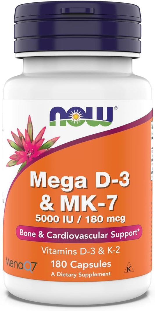 NOW Mega D-3 & MK-7 bottle showing 5000 IU and 180 mcg D-3 and K-2