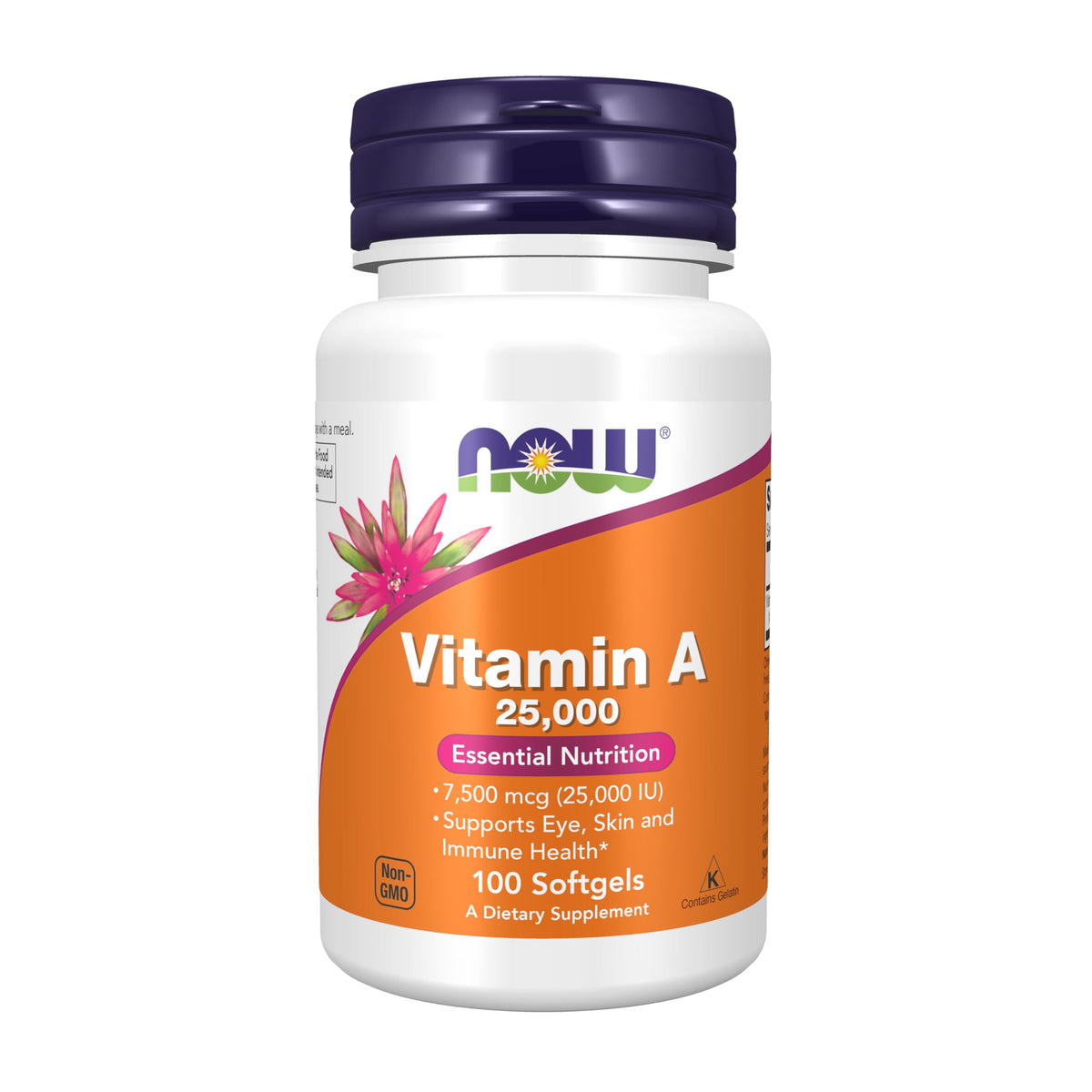 NOW Supplements Vitamin A 25,000 IU bottle with 100 softgels