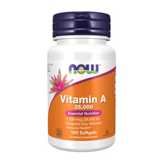 NOW Supplements Vitamin A 25,000 IU bottle with 100 softgels