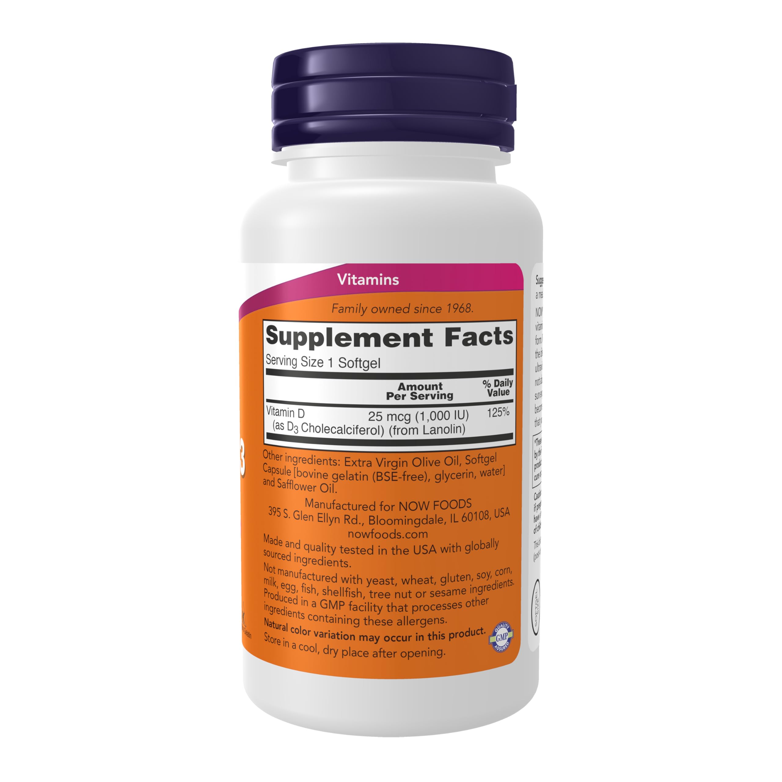 Close-up of NOW Vitamin D-3 softgels
