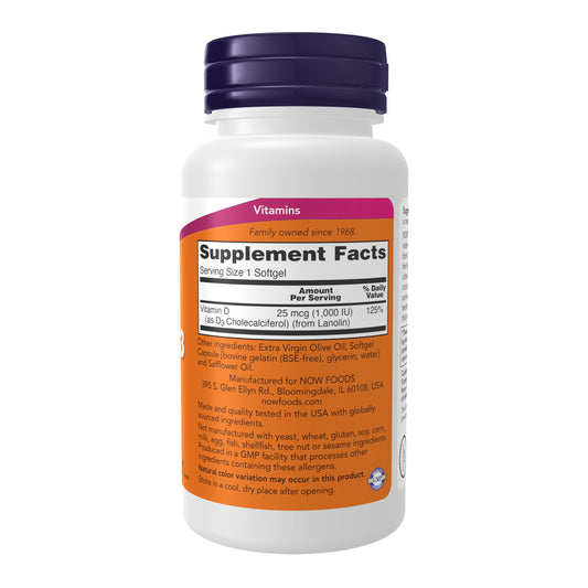 Close-up of NOW Vitamin D-3 softgels