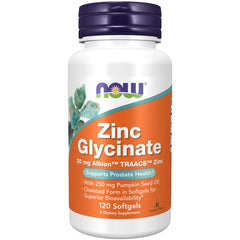Now Supplements Zinc Glycinate with 250 mg Pumpkin Seed Oil bottle - front view