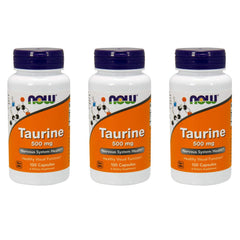 NOW Taurine 500mg bottle, 100 capsules per bottle, 3-pack