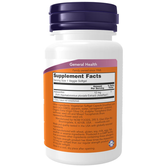 Close-up of NOW Supplements triple strength astaxanthin 12 mg softgels