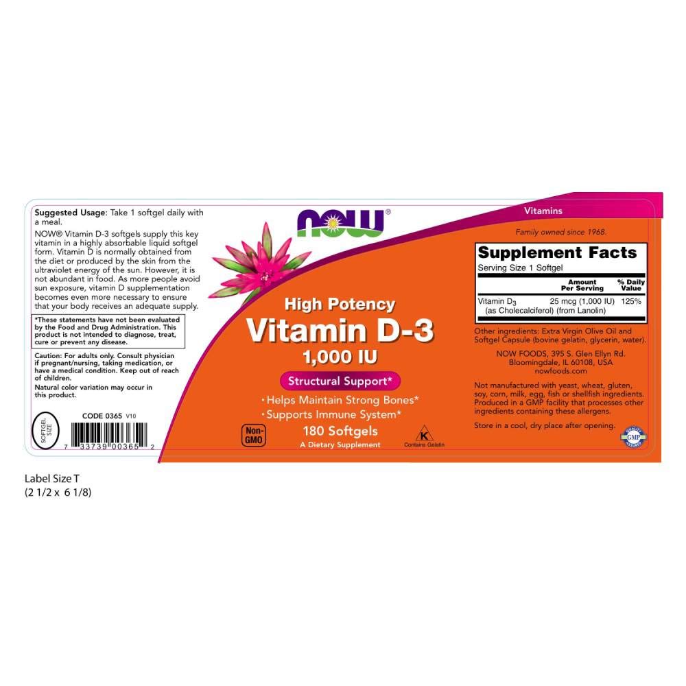 Now VIT D-3 1000Iu bottle back view with supplement facts