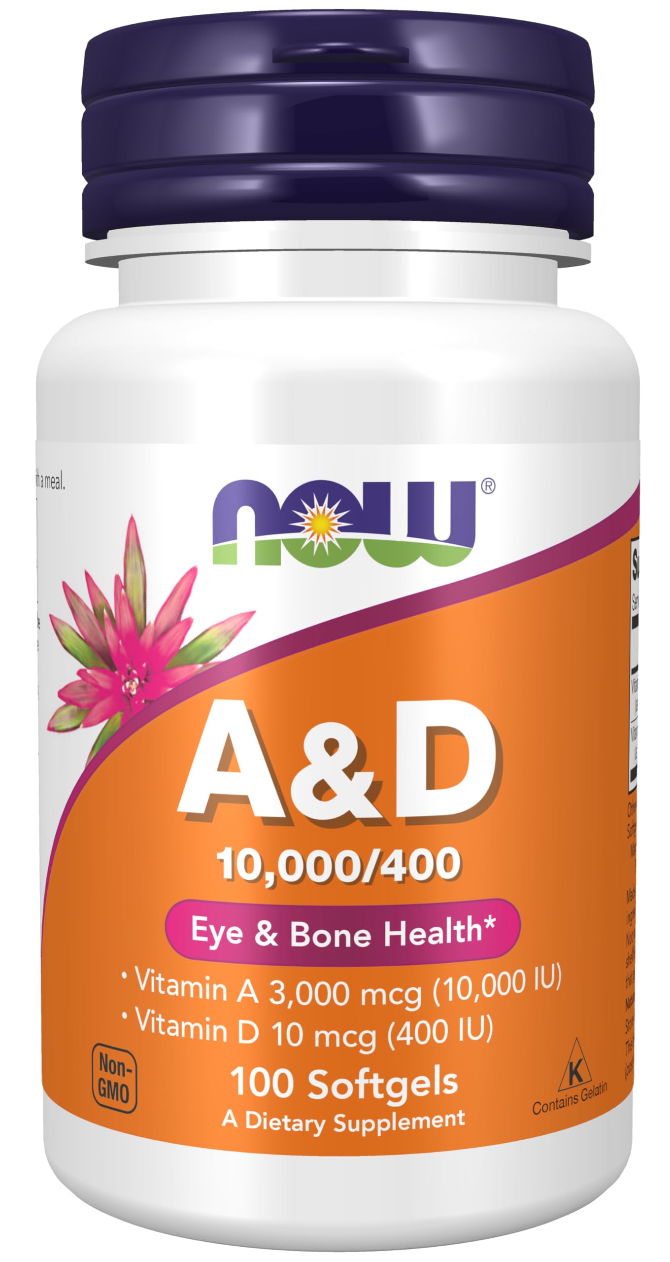 NOW Vitamin A & D eye health softgels bottle label