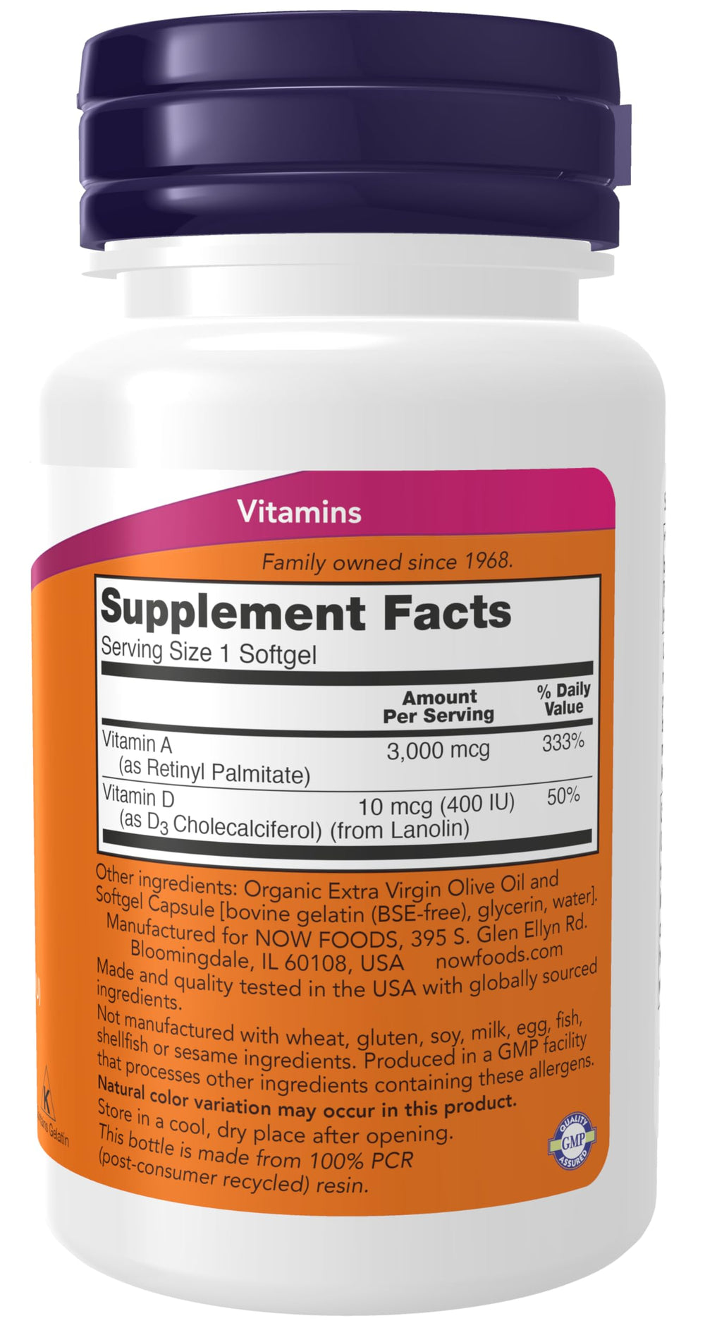 NOW Vitamin A & D 10000 IU 400 IU softgels container close-up