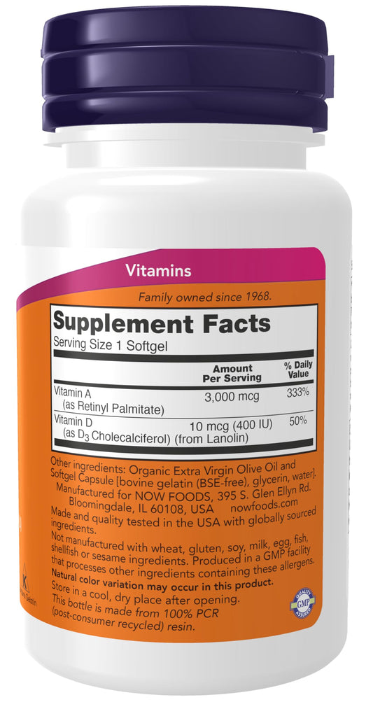 NOW Vitamin A & D 10000 IU 400 IU softgels container close-up