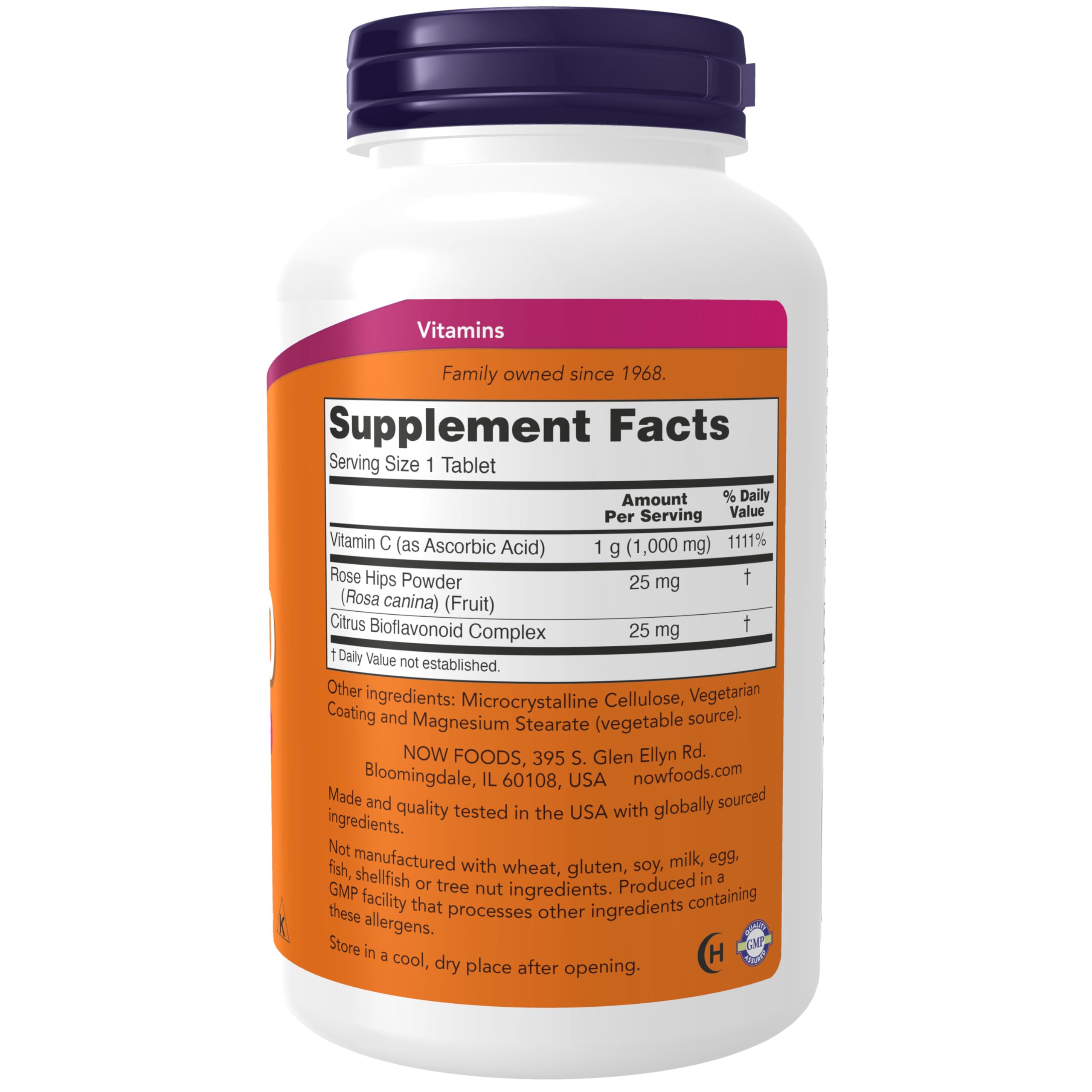 Front view of NOW Vitamin C-1000 bottle with label (250 tablets)