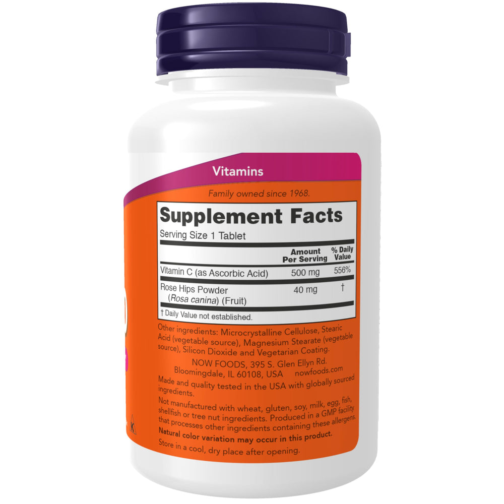 NOW Vitamin C-500 with Rose Hips tablets side view