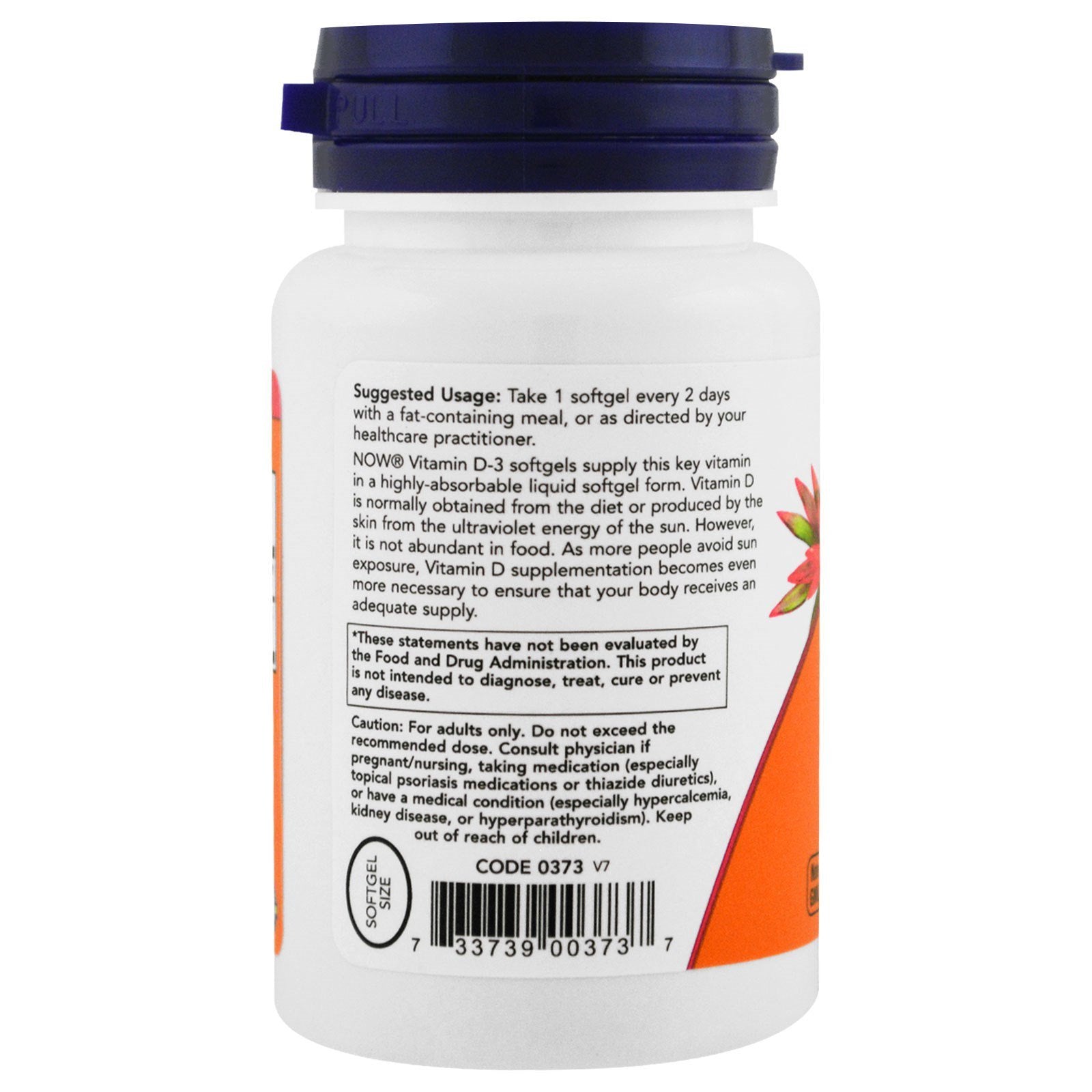 Supplement facts and bottle packaging for NOW Vitamin D-3 5000 IU