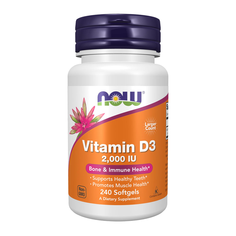 NOW Foods Vitamin D-3 2000 IU softgels bottle on white background