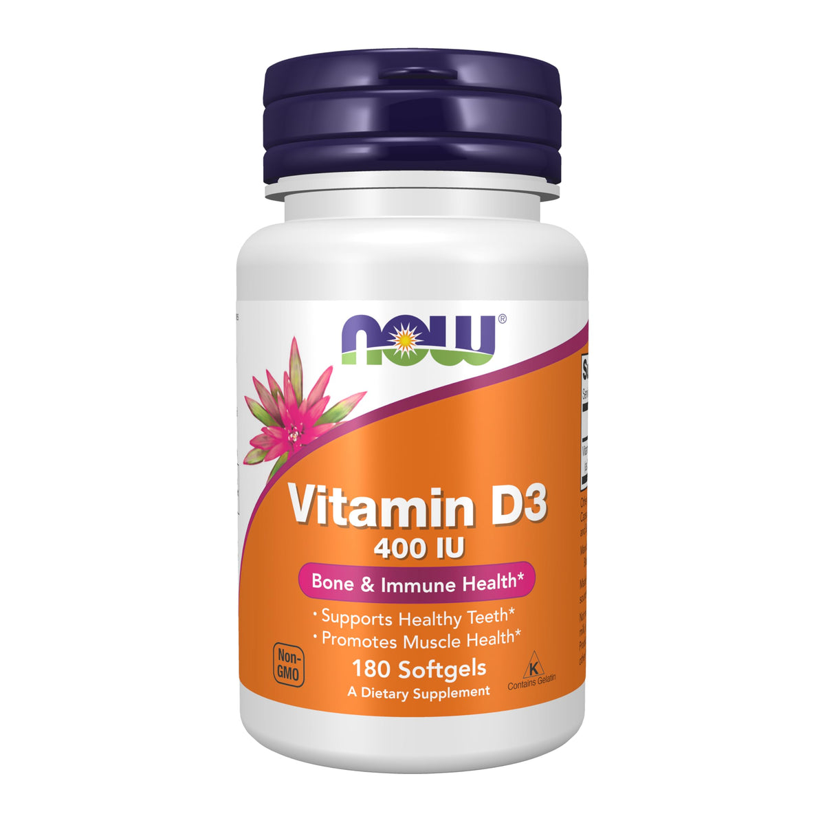 NOW Vitamin D-3 400 IU chewable bottle with 180 softgels
