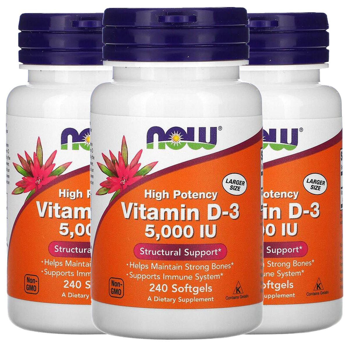 NOW Vitamin D-3 5000 IU 240 softgels bottle front view