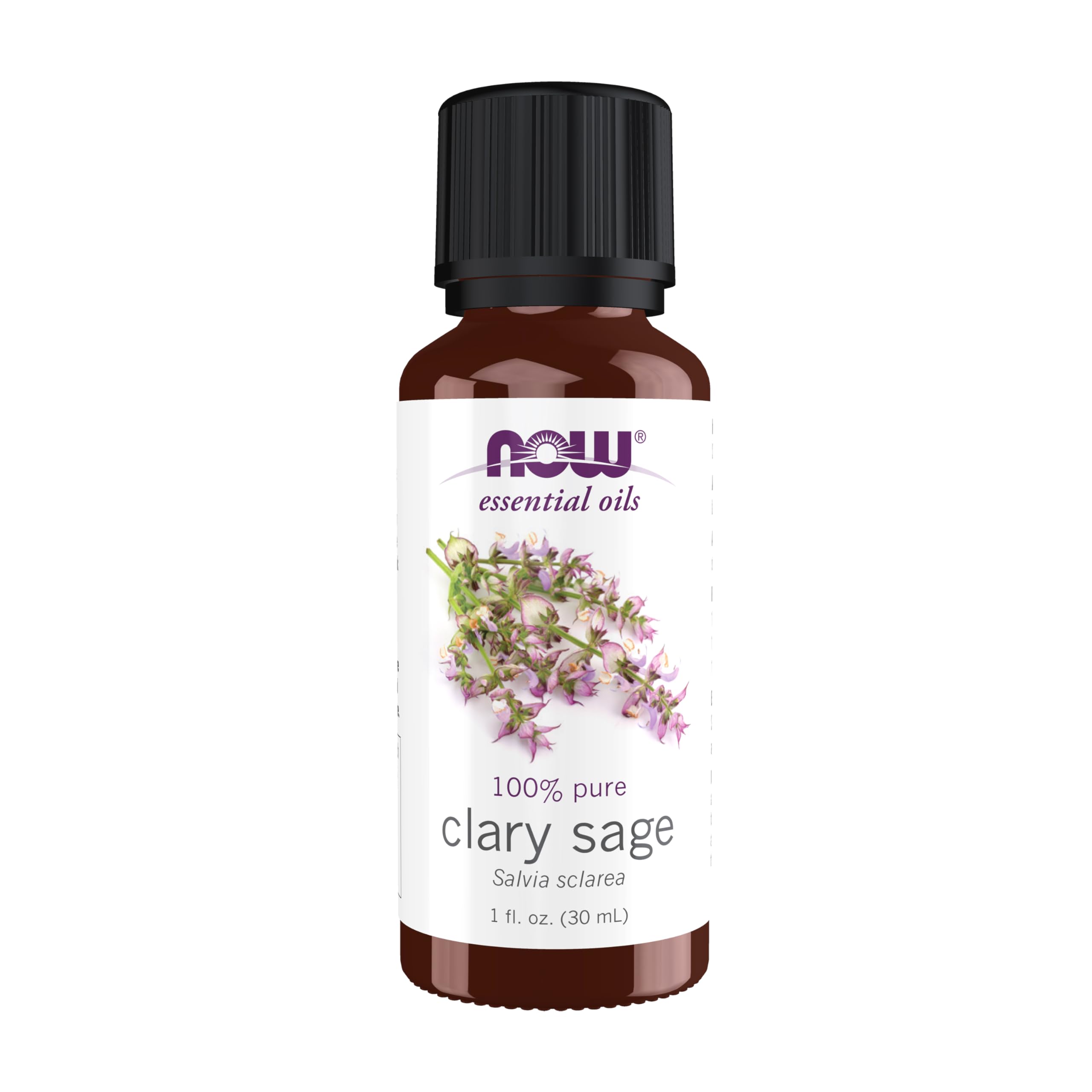NOW Clary Sage Essential Oil bottle, 1 oz, steam distilled