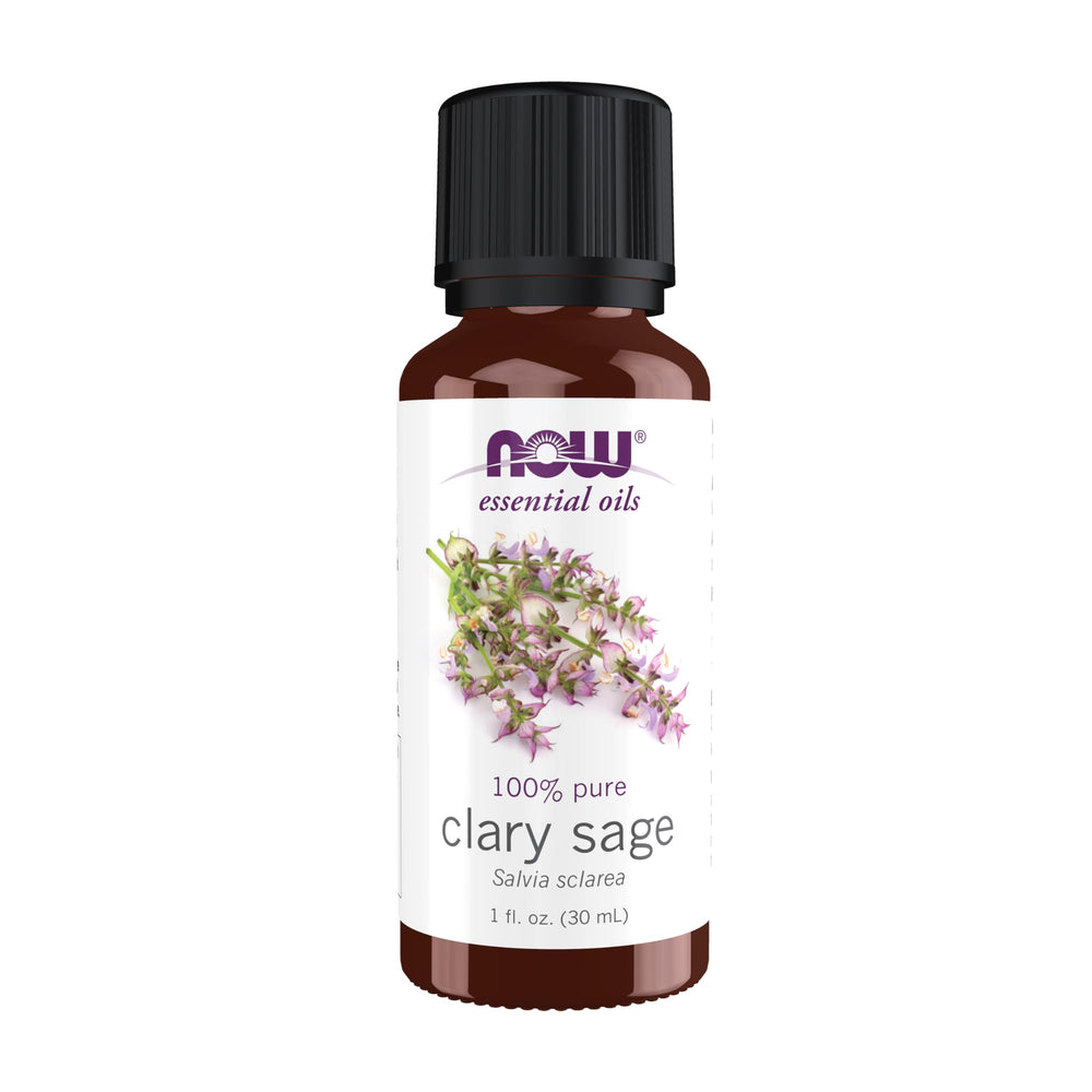 NOW Clary Sage Essential Oil bottle, 1 oz, steam distilled