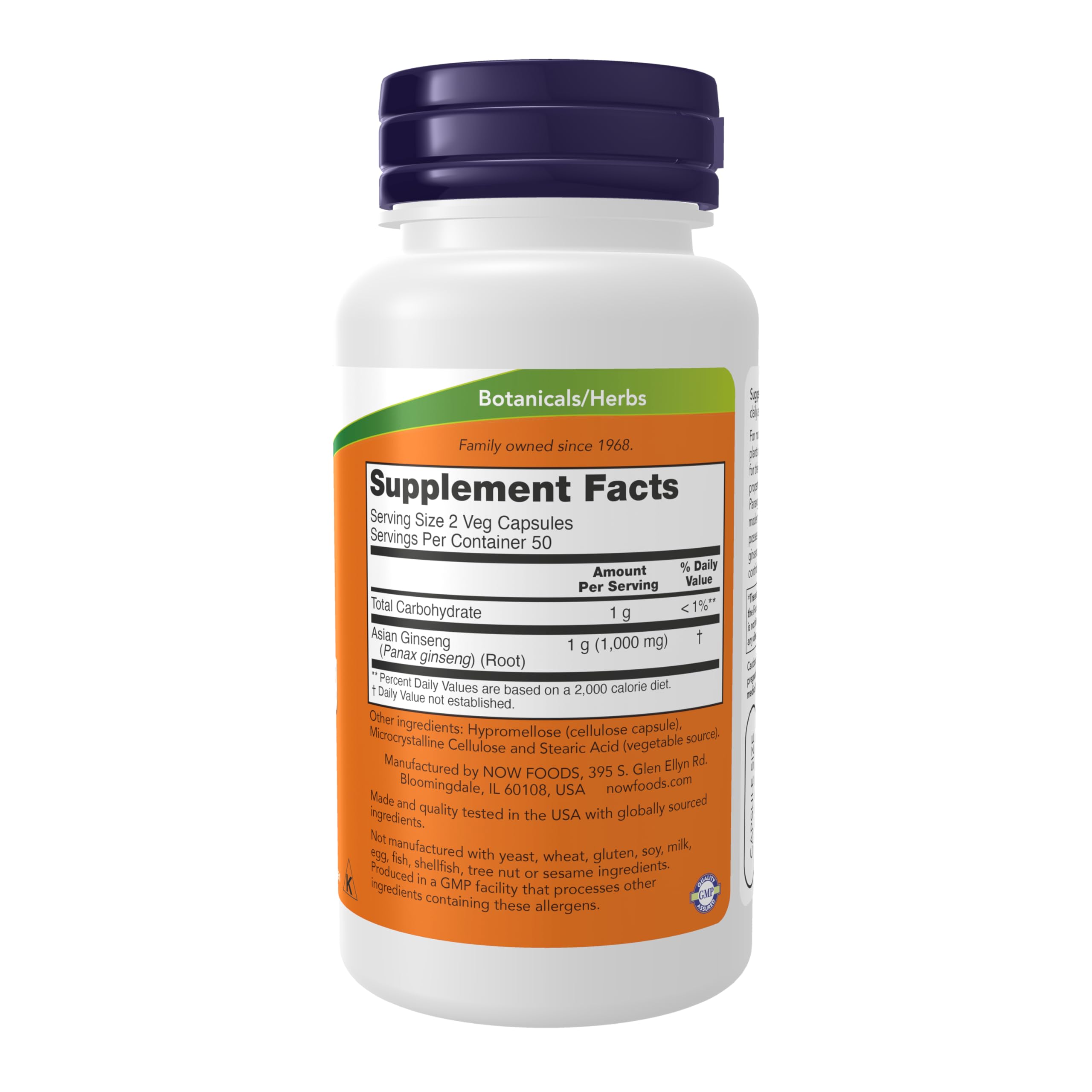 NOW Foods Panax Ginseng 500 mg capsules back view showing nutrition label