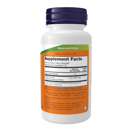 NOW Foods Panax Ginseng 500 mg capsules back view showing nutrition label