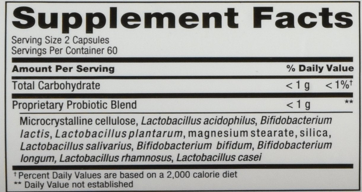 PB-8 probiotic bottle label showing 14 billion bacteria per 2-capsule serving