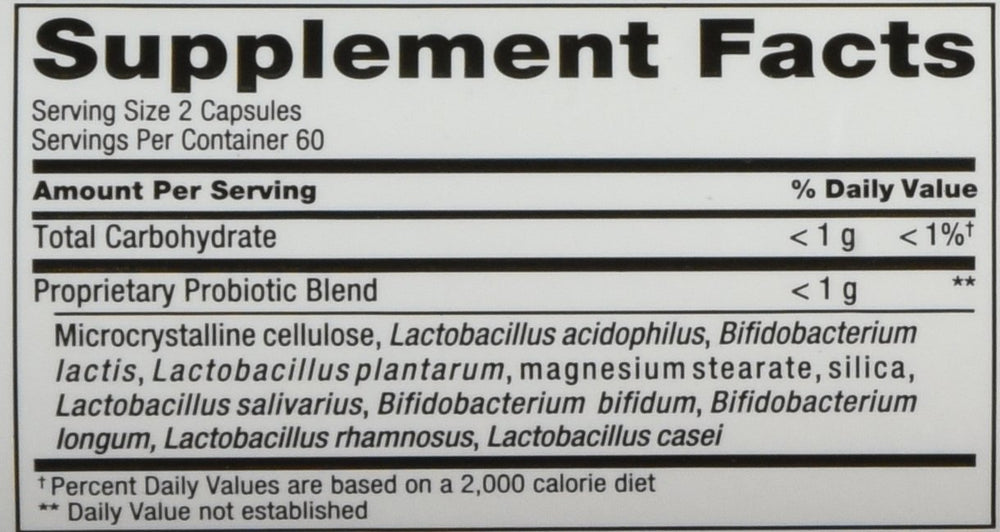 PB-8 probiotic bottle label showing 14 billion bacteria per 2-capsule serving