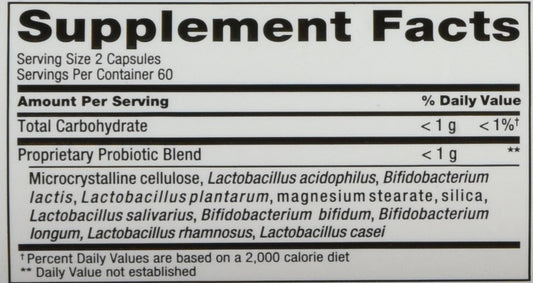 PB-8 probiotic bottle label showing 14 billion bacteria per 2-capsule serving