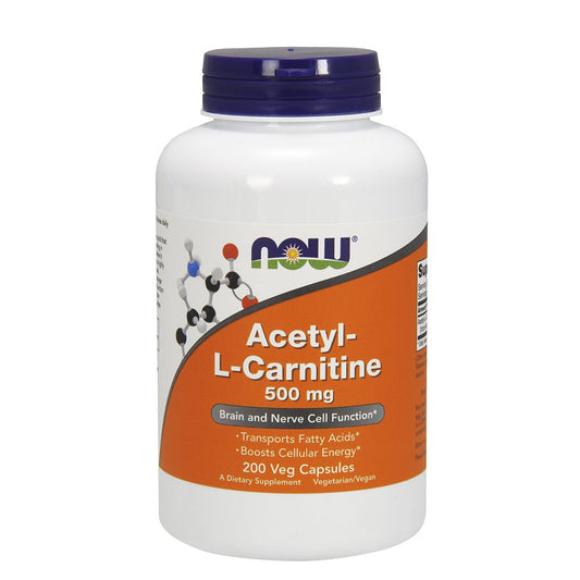 NOW Foods Acetyl L-Carnitine 500mg bottle supports cognitive function and cellular energy during daily activities.