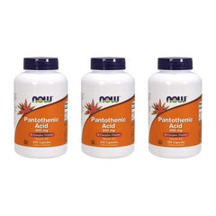 NOW Foods Pantothenic Acid 500 mg bottle and capsules illustrating energy metabolism support and biosynthesis.