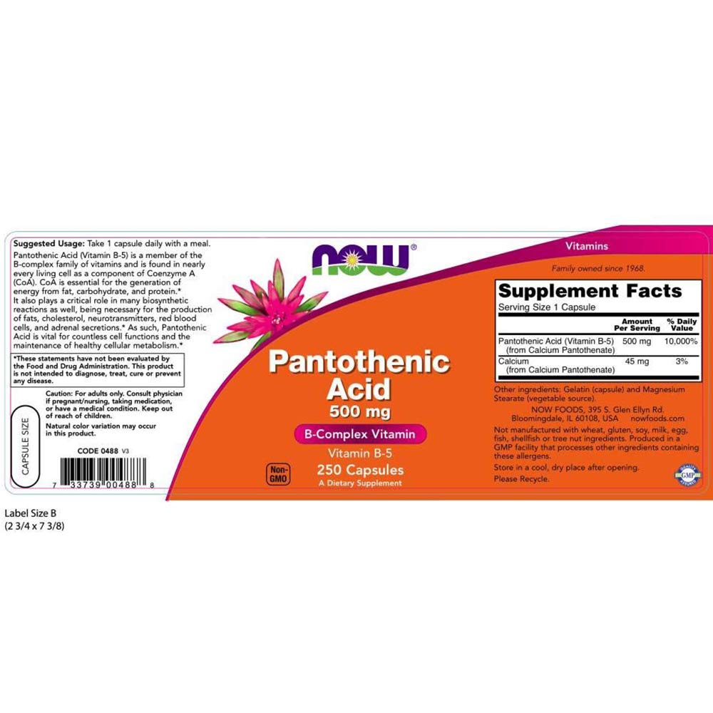 NOW Foods Pantothenic Acid capsules show daily metabolic support and nutrient synthesis.