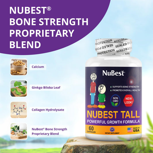 Close-up of NuBest Tall bottle label highlighting Calcium and Collagen