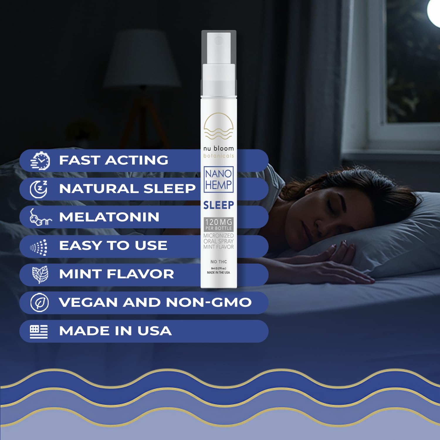 Illustration of ingredients: melatonin, L-theanine, valerian root and hemp