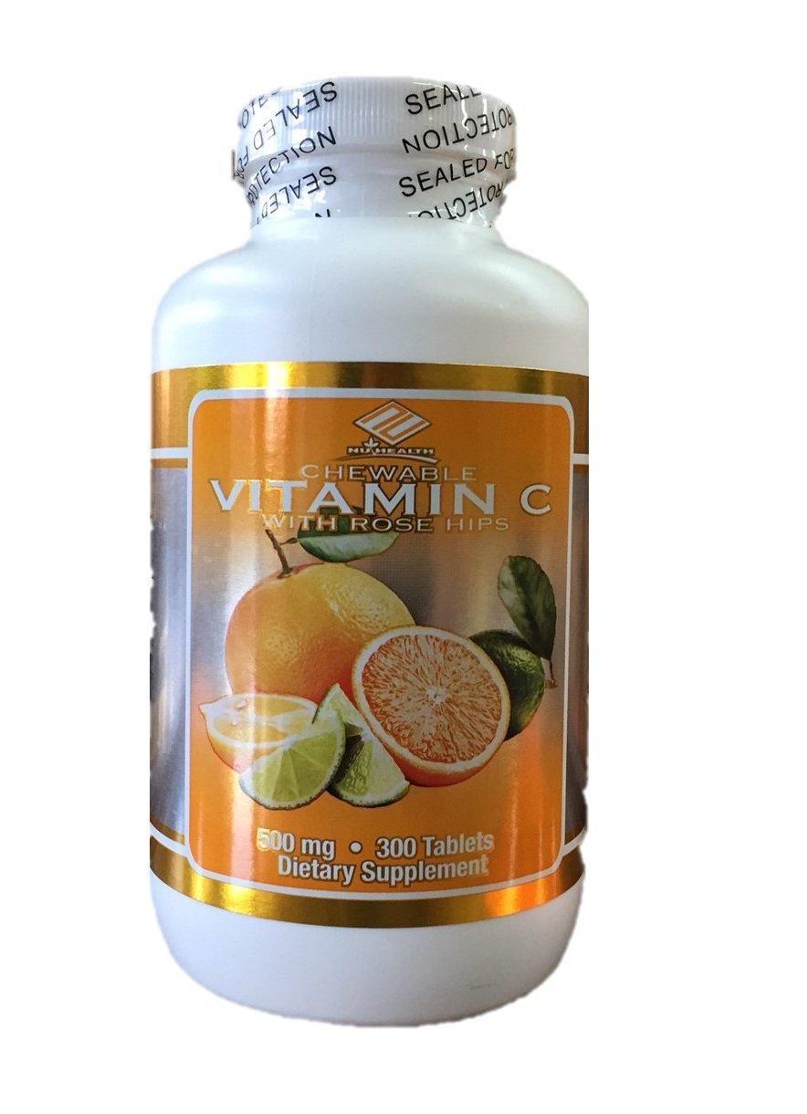 Nu Health Vitamin C Chewable 500mg bottle with 300 tablets and rose hips