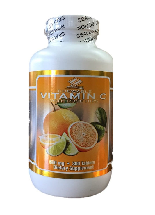 Nu Health Vitamin C Chewable 500mg bottle with 300 tablets and rose hips