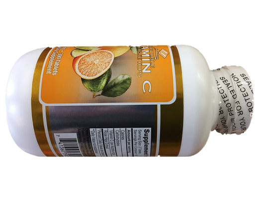 Close-up of Nu Health Vitamin C Chewable 500mg tablets with rose hips