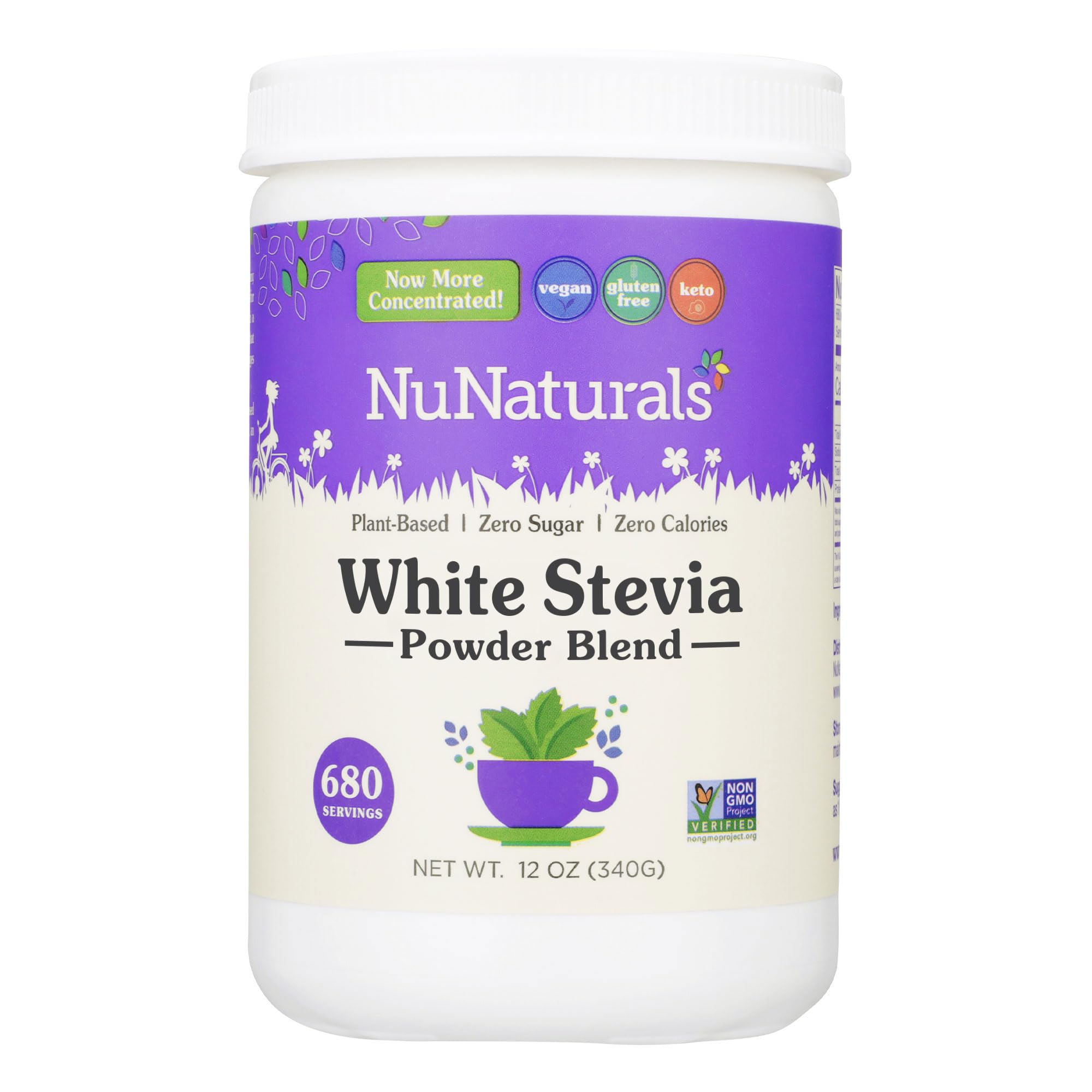 Front view of NuNaturals White Stevia Powder 12 oz container