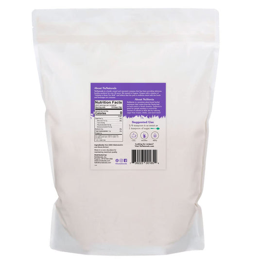 Close-up of NuNaturals White Stevia Powder Blend label on 5 lb bag