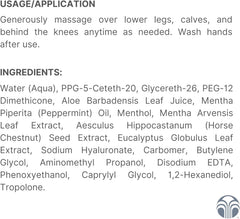 Dermatologist-tested leg gel label indicating cooling sensation