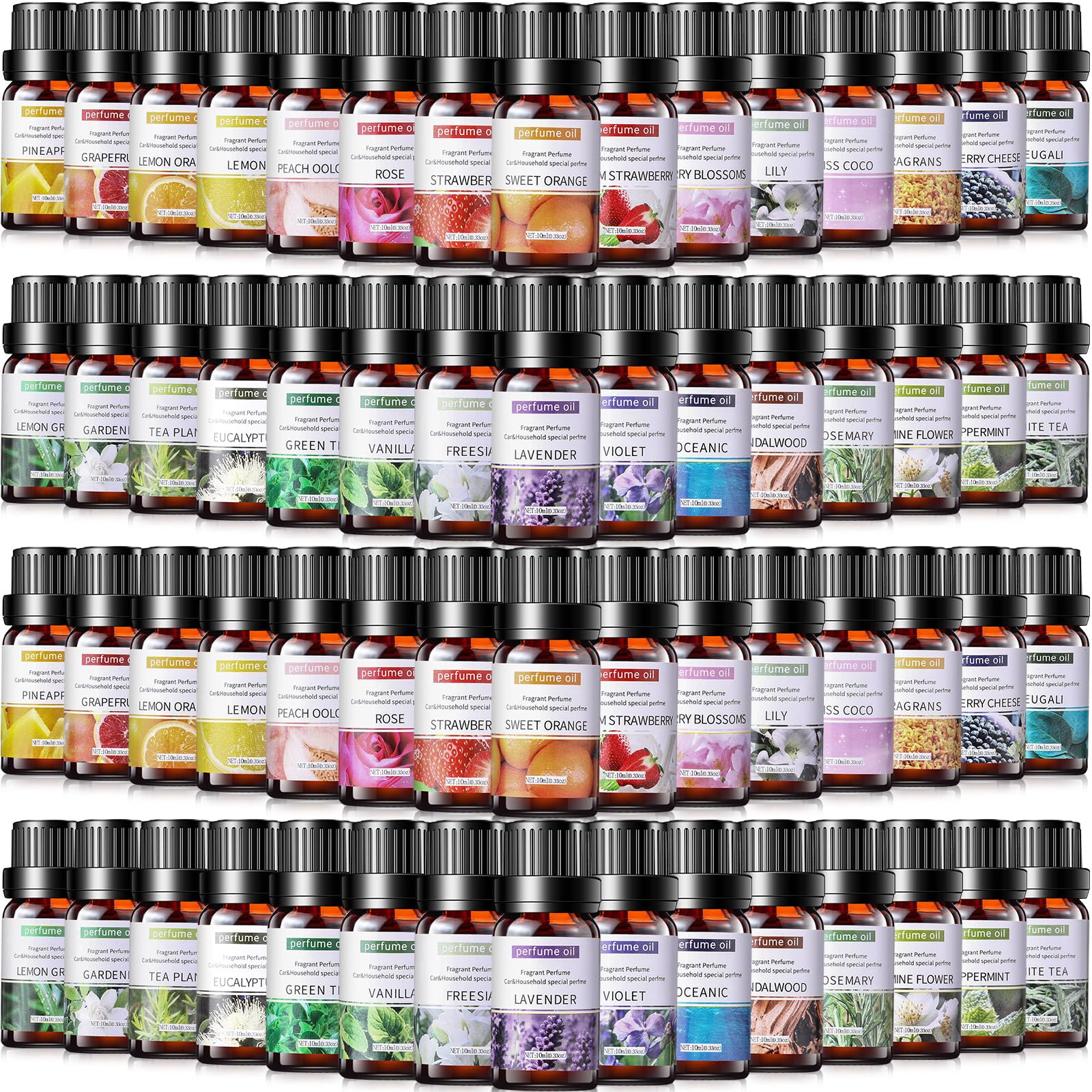 Nuanchu 36 Pcs Essential Oils Set 10ml bottles arranged together