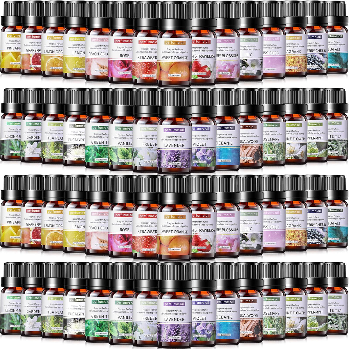 Nuanchu 36 Pcs Essential Oils Set 10ml bottles arranged together
